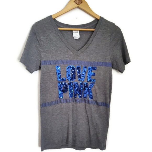 PINK Victoria's Secret Tops - Victoria's Secret Blue Sequin LOVE PINK Bling Tee Size Large.